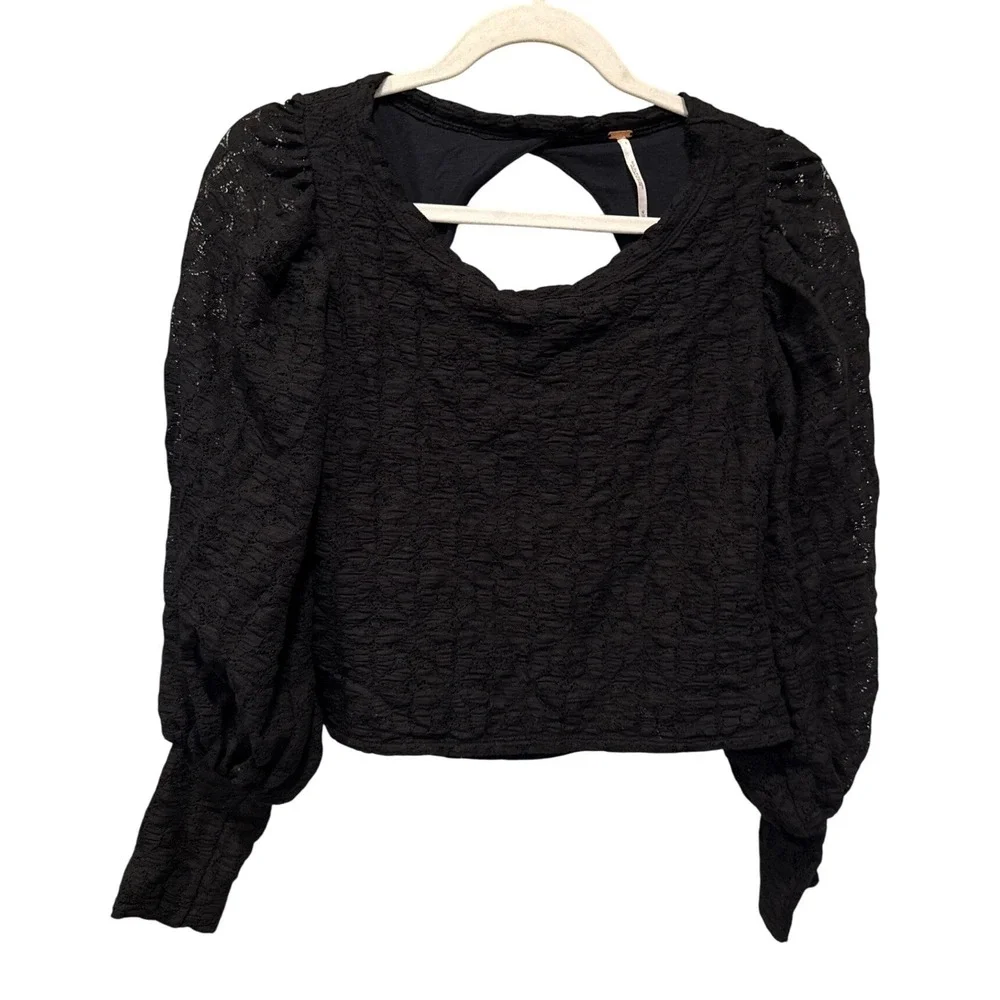 Free People Tea Time Lace Top Crop Balloon Sleeve M Black Open Back Textured